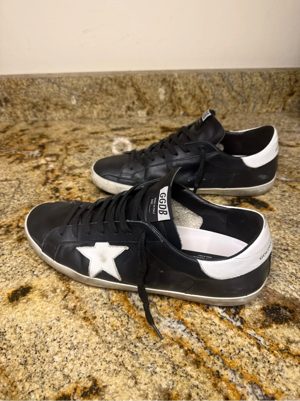 Golden Goose Super Star - Black Leather Low-Top Sneaker with White Star, size 45